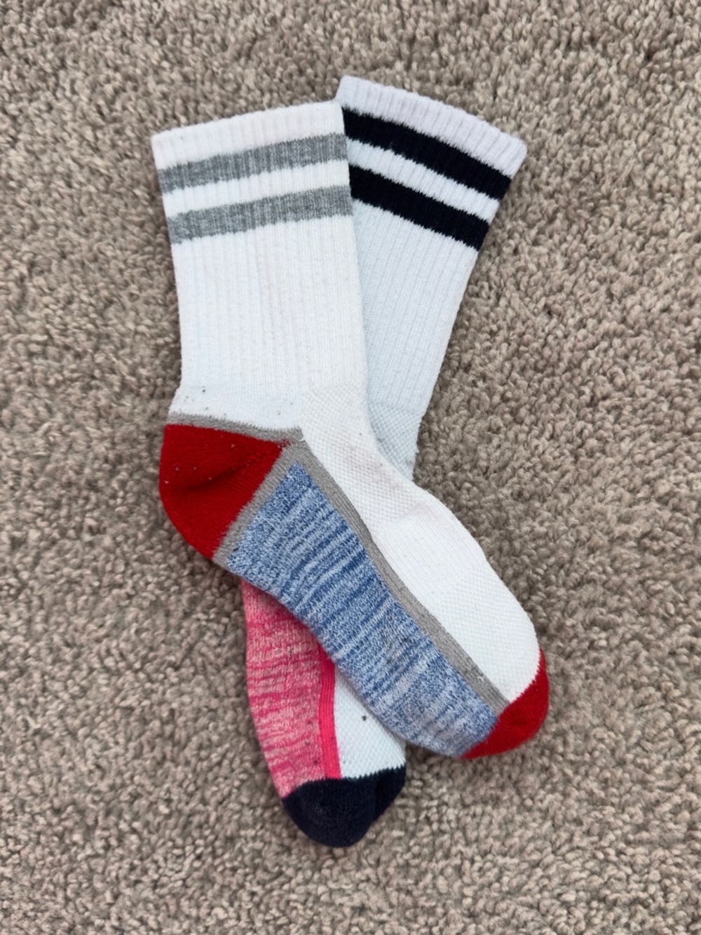 Women’s White Athletic mixed matched Crew Socks with Multicolor Accents
